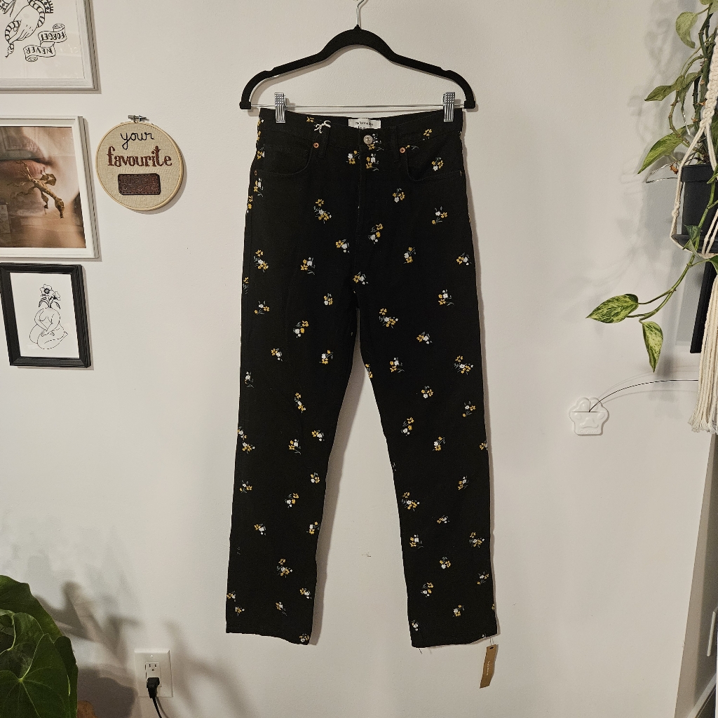 Reformation Black Straight-Leg Jeans With Yellow & White Floral Embroidery